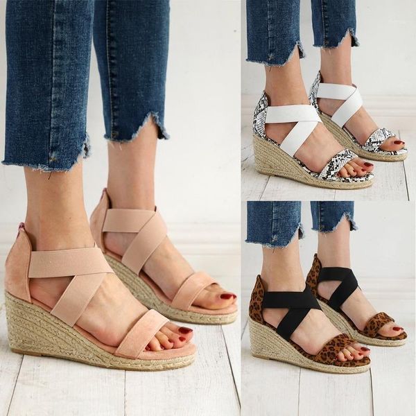 

sandals summer 2021 plus 43 women fashion leopard wedges gladiator casual platform shoes woman elastic band sandals1, Black