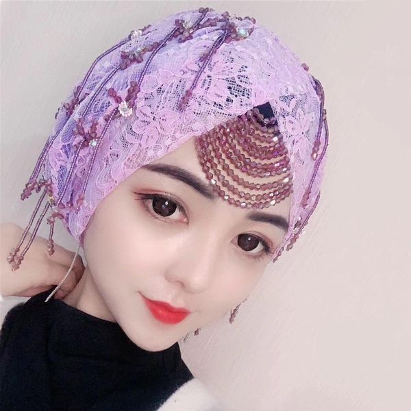

ethnic clothing muslim wedding women beading luxury hijab lace cap wrap, Red