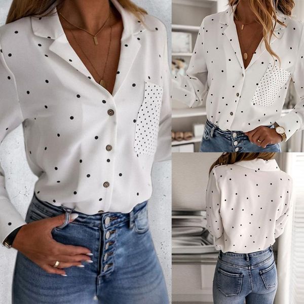 

ladies dot printed women's shirt v-neck fashion blouse women summer long sleeve with pocket button female clothes loose shirt1, White
