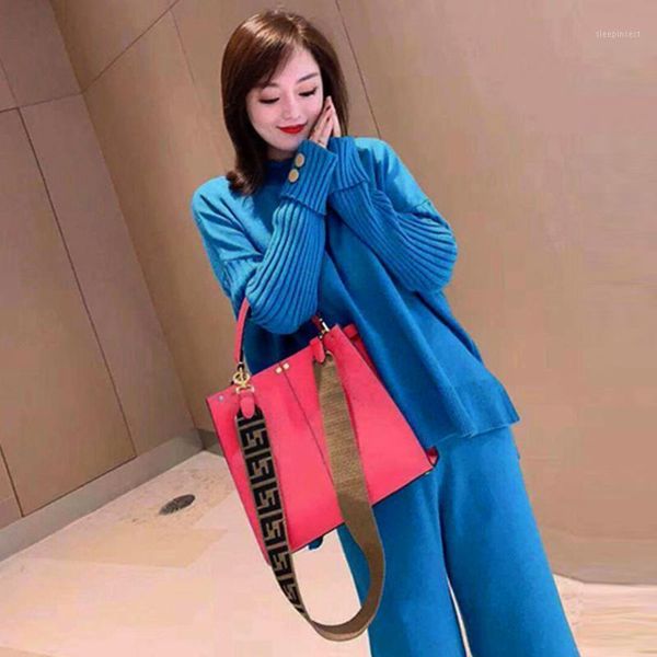 

fashion women's suit 2020 autumn and winter new loose and thin high-neck knitted sweater + wide-leg pants casual two-piece suit1, Gray