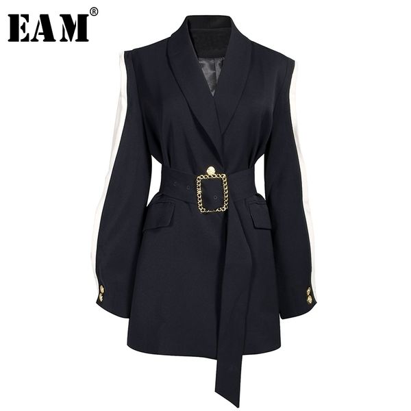 

[eam] loose fit black spliced hit color belt jacket new lapel long sleeve women coat fashion tide autumn winter 2020 1a879 y200101, Black;brown