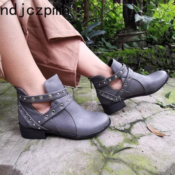 

ankle boots spring and autumn the new fashion round head zipper rivet thick heel low-heeled short tube women's shoes size 34-43, Black