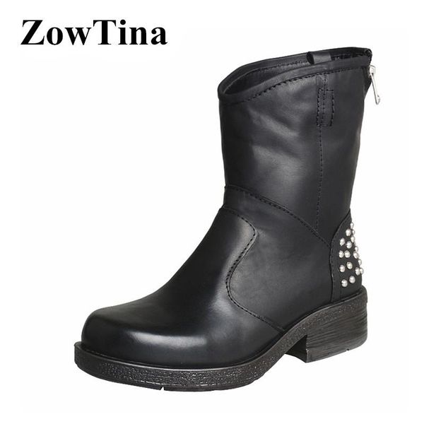 

черные кожаные женщины езда ботинки заклепки шипованные квартиры мотоциклетные пинетки старинные зимние рыцарские ботинки коричневые коротки, Black