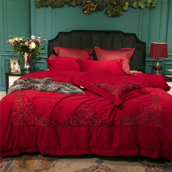 

bedding sets 4/6piece red egyptian cotton lace luxury wedding set king  size bed cover bedsheets duvet pillowcases