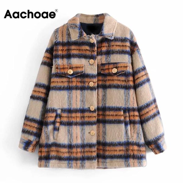 

aachoae мода зимняя шерстяная рубашка куртка женская клетчатка с длинным рукавом свободное пальто отключить воротник винтажные карманы верхн, Black;brown