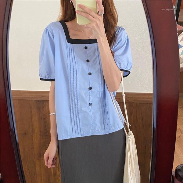 

women's blouses & shirts hzirip women 2021 summer female square collar solid pleated casual elegance puff sleeve lady office fashion 1, White