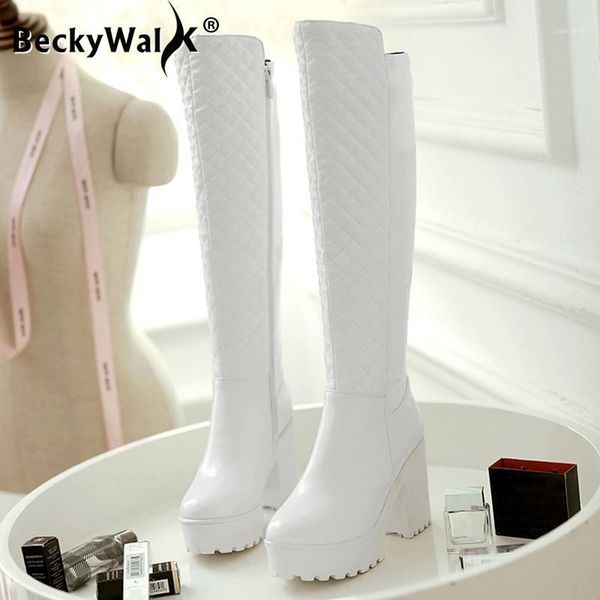 

women fashion white black diamond sewing winter autumn knee high boots square heels long platform boots for women 35-43 wsh36891
