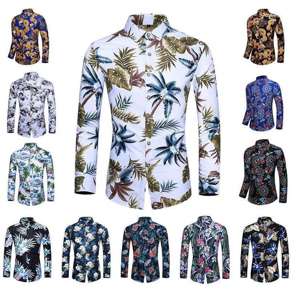 

men's casual shirts 2021 autumn spring clothes shirt men long sleeves big size -5xl 6xl 7xl print hawaiian beach floral for man1, White;black