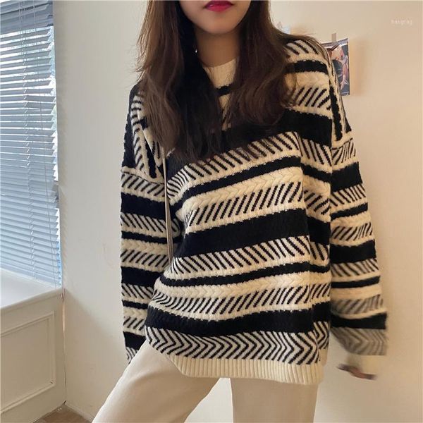 

2020 fall/winter new contrast color women's sweater loose lazy ladies sweater harajuku striped women1, White;black