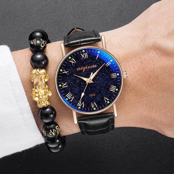 

mh leather star sky watch men's luminous with ultra-thin quartz men's watch casual fashion, Slivery;brown