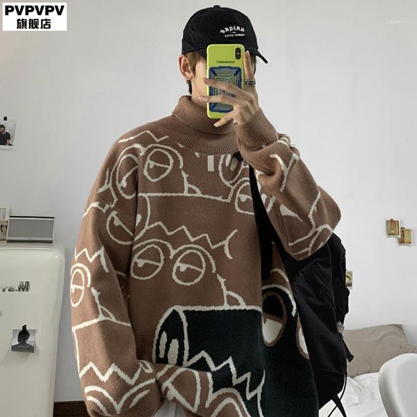

men's sweaters turtleneck sweater men's japanese korean fashion autumn and winter large size loose fat trendy cartoon bottoming sw, White;black