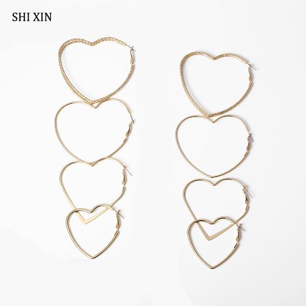 

hoop & huggie shixin 4 pair/set large love heart earrings for women big round fashion 2021 jewelry fashionable set gift, Golden;silver