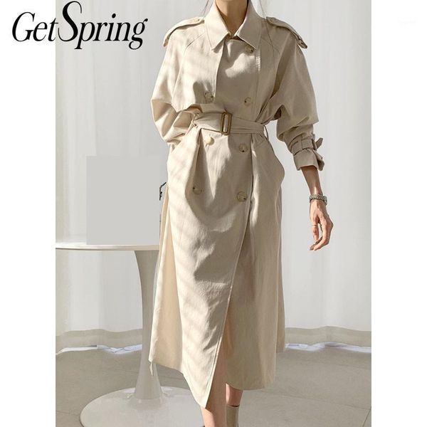 

getspring women trench coat temperament women windbreaker double breasted long sleeve coats loose long overcoat autumn new1, Tan;black