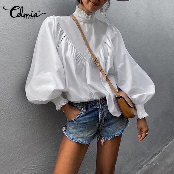 

chic celmia 2021 autumn women office shirt ladies lantern sleeve high collor elegant blouse casual patchwork lace blusas, White