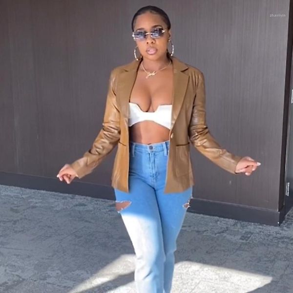 

2020 new leather women's thin pu leather jacket spring and autumn elegant vintage suit collar women jacket korean style female1, Black;brown