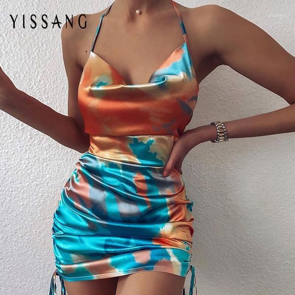 

yissang drawstring print tie-dye satin dress women ruched strap slim backless bodycon dresses female elagent sumemr dress1, Black;gray