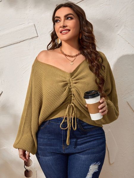 

plus drawstring front dolman sleeve sweater e3bk#, Black