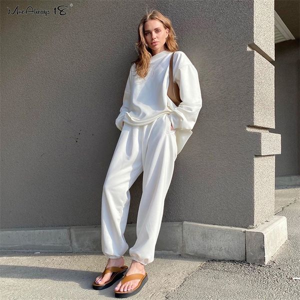 

mnealways18 white women's sports suit sweatshirt and sweatpants 2 piece set casual tracksuit loose sports pants two piece sets 201110
