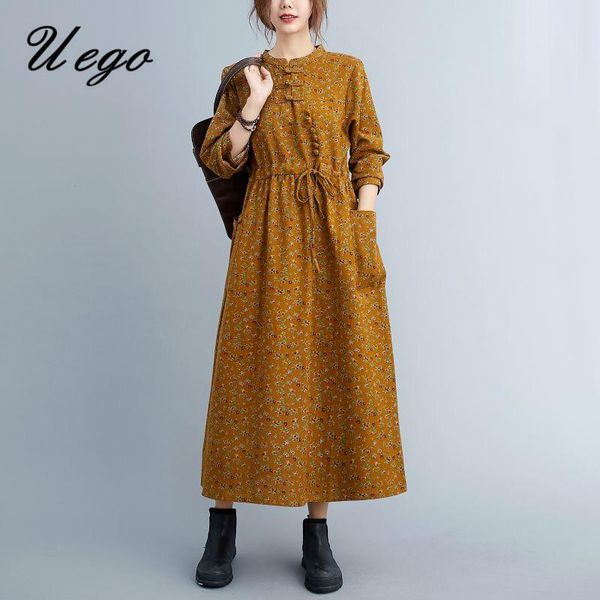 

uego long sleeve spring dress print floral linen cotton vintage chinese dress slim waist women casual female long, Black;gray
