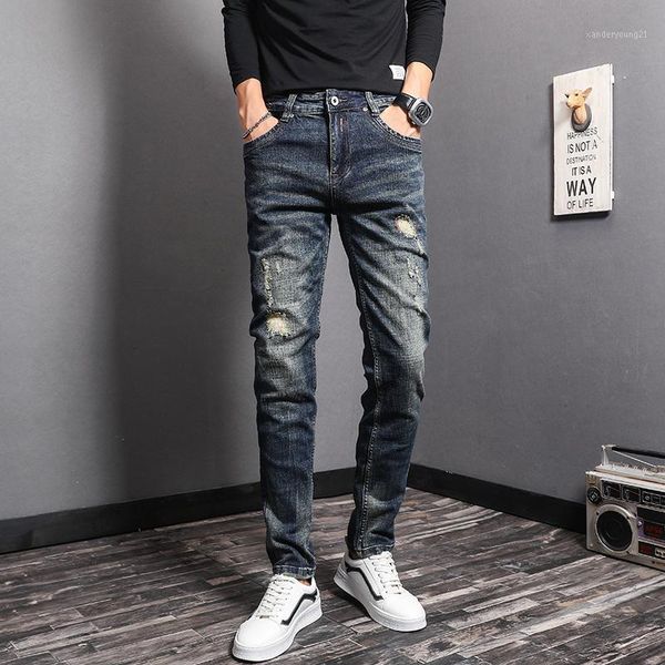 

men's jeans fashion streetwear men retro dark blue denim ripped trousers slim fit elastic patchwork vintage designer cotton pants1