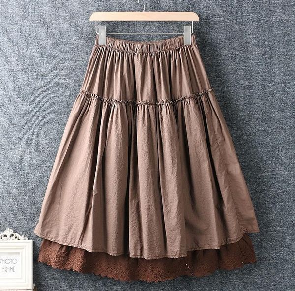 

spring and summer new literary elastic waist cotton and linen solid color bottoming long skirt loose skirt female 8471, Black