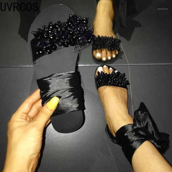 

summer sandals ladies ankle strap pearl women's shoes pearly beaded flat fashion sandals casual shoes 20211, Black
