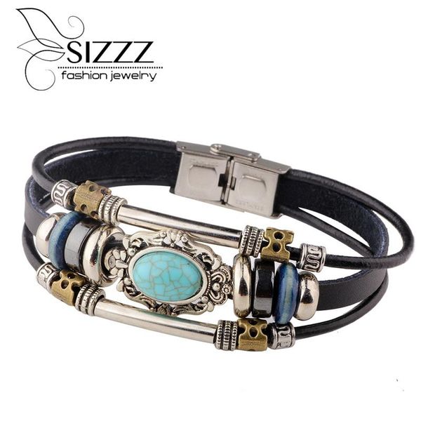 

charm bracelets sizzz 21cm long european and american retro leather bracelet fashion diy wild style beaded for women/men, Golden;silver