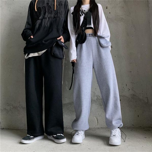 

houzhou vintage joggers women winter fashion 2020 high waist sweatpants pocket plus velvet casual loose solid warm pants women, Black;white