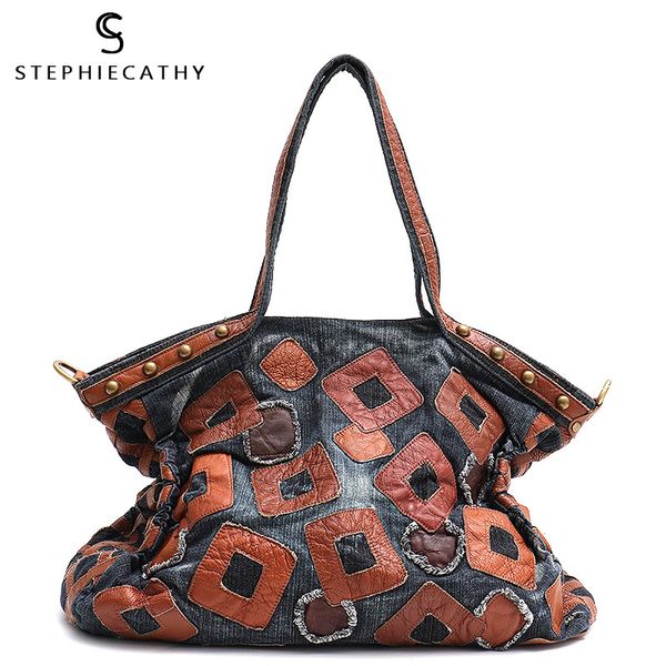 

sc retro denim material large capacity tote for women cow leather patchwork shoulder&handle bag female casual studs handbags c0121