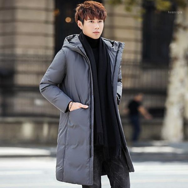 

winter jacket men hooded thicken warm parka coat casual slim mens overcoat long 50% white duck down padded jacket1, Black
