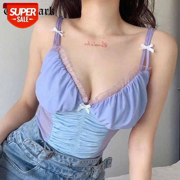 

goth dark e-girl mesh summer camis y2k style deep v-neck strap with butterfly women crop pleated backless sleeveless #4k5r, White
