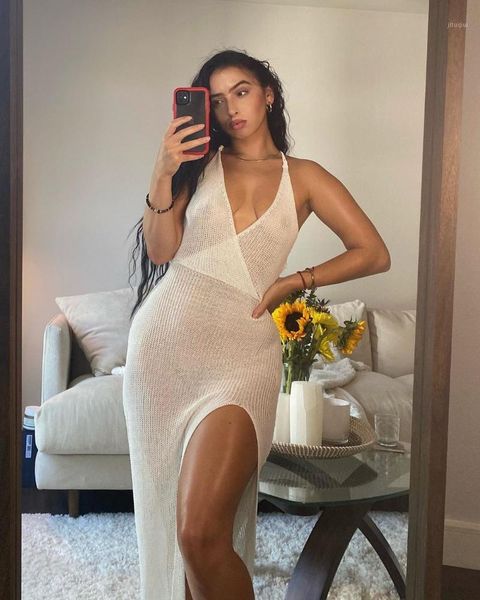 

women's dress halter deep v-neck backless split hollowing out see-through longuette loose1, Black;gray