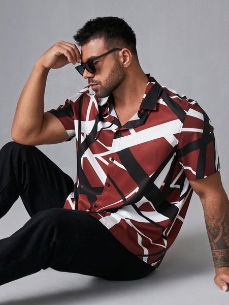 

extended sizes men geo print button front shirt r0sx#, White;black