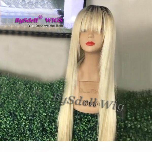 

long straight synthetic hair front lace wig two tone black root ombre blonde color hair fringe style lace front wigs for fashion women