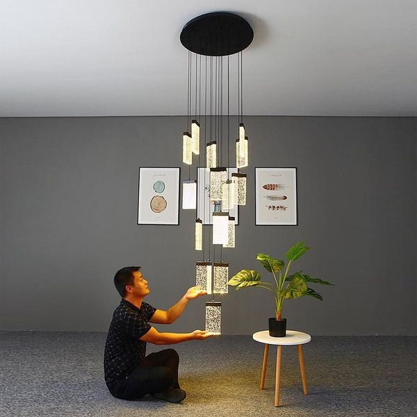 

square bubble crystal lamp loft stairway chandelier hanging lighting decoration lamp led staircase crystal chandelier luxury