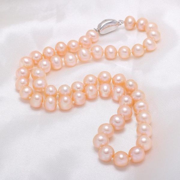 

chains pure natural freshwater pearl necklace for woman gentle classic style potato shape beads:7-8mm chains:45cm white/pink, Silver