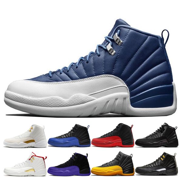

12 12s stone blue dark concord men boots shoes reverse flu game university gold dark grey jumpman mens sports sneakers trainers, Black
