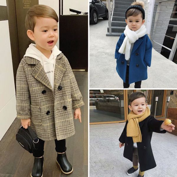 

baby boy girls woolen jacket long double breasted warm infant toddle lapel tweed coat spring autumn winter baby outwear clothes lj201125, Blue;gray