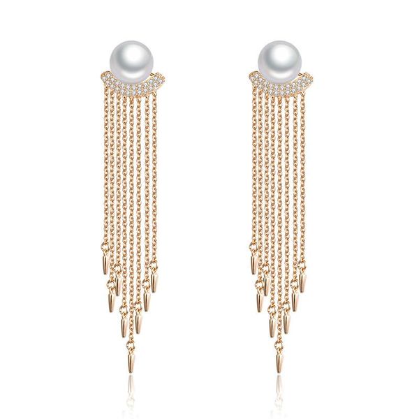 

luxury natural pearl long earrings for women gold tassel chain earrings with pearl zirconia party jewelry gifts for girls, Silver