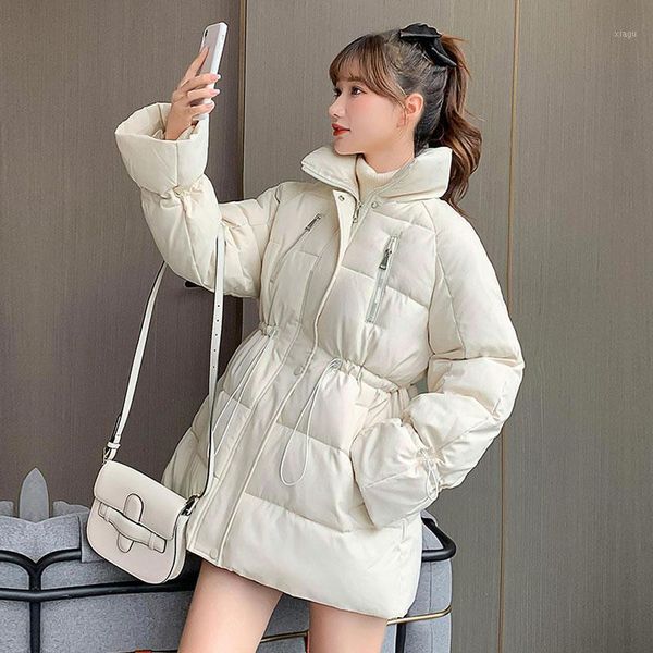 

fashion stand collar solid oversize parka chic coat 2020 new winter jacket women loose warm adjustable waist parkas female1, Black