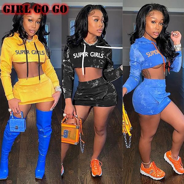 

2 piece set women hooded sweatshirt mini skirt suit outfits letters print crop tie dye pocket streetwear two piece sets, Gray