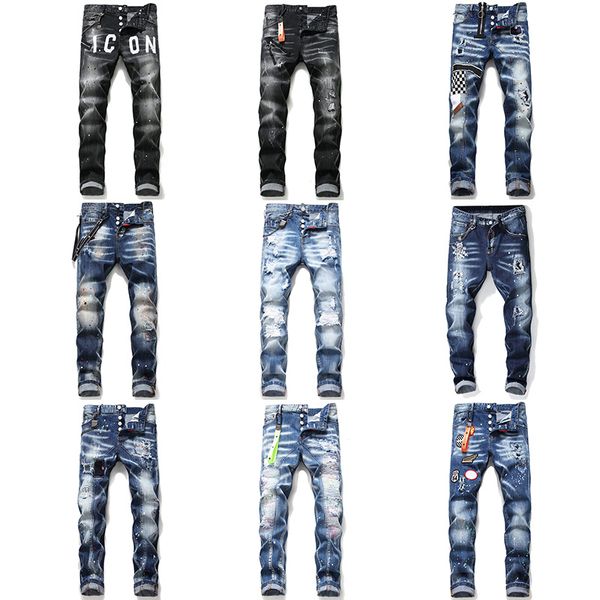 

2020 high grade italian mens jeans distressed motorcycle biker jeans slim ripped hole stripe fashion denim pants d2 trousers streetwear, Blue