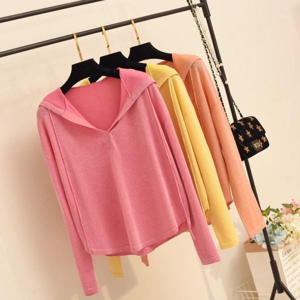 

2020 spring summer thin section hooded knit pullover loose-fit women v-neck coat knitted hoodie shirt fashion casual sweatshirts1, Black