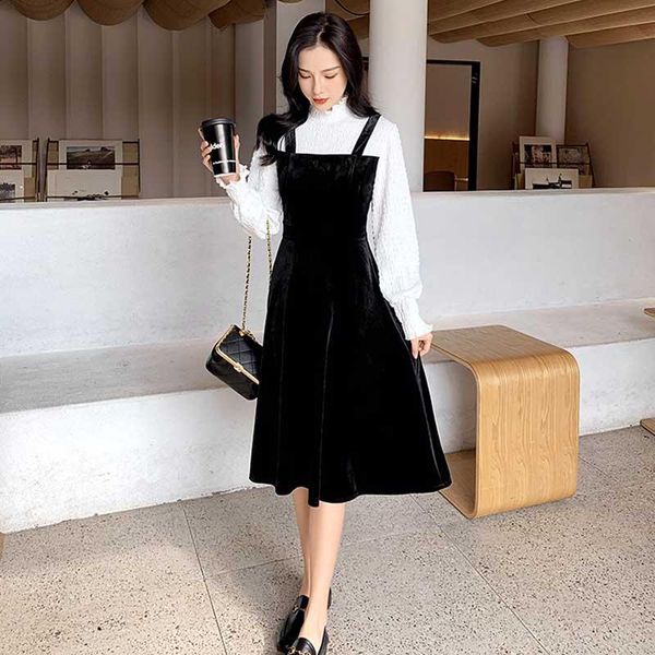

vintage ladies fake two-piece velvet dress party holiday one-piece korean dresses 2021 spring autumn women's dress midi, Black;gray