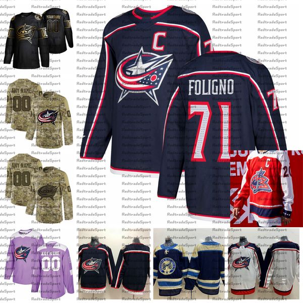 

2021 reverse retro customize #71 nick foligno columbus blue jackets jerseys golden edition camo veterans day fights cancer hockey jersey, Black;red
