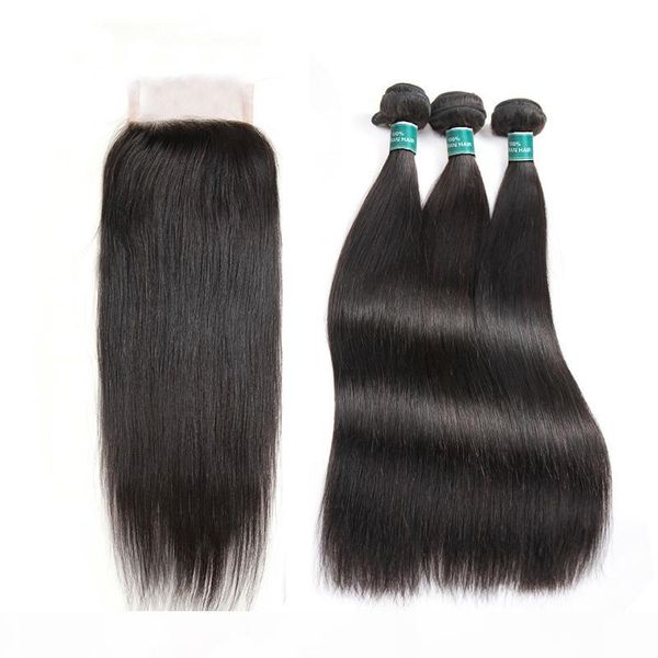 

brazilian virgin hair bundles with closures straight indian human hair bundles with 4x4 hair closure natural color for women, Black