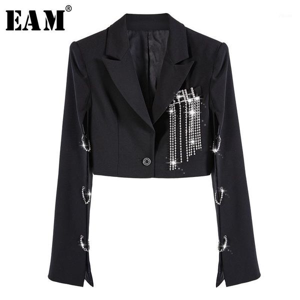 

eam] 2019 new autumn winter lapel long sleeve black rhinestone tassels split joint short jacket women coat fashion tide jt8751, Black;brown