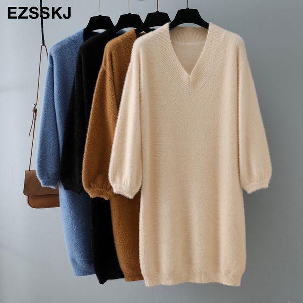 

2020 autumn winter v-neck short lantern sleeve thick sweater fur women loose mini female chic straight dress lj201114, Black;gray