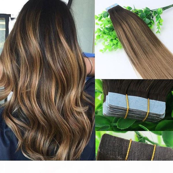 

ombre hair extensions glueless 2# 6#tape in human hair extensions 40pcs 10gram brazilian virgin hair balayage dark brown highlight skin weft, Black