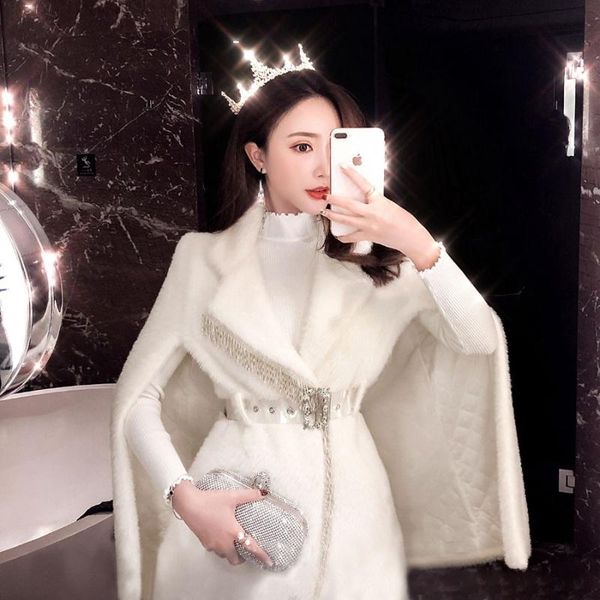 

women's fur & faux woman thick warm long coat autumn winter cape cloak elegant luxurious mink fringed beaded jacket 2021, Black